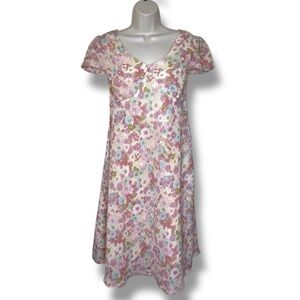 Vintage Y2K Ianella Pink Floral V Neck Tie Back Medium Lined Dress Short Sleeve